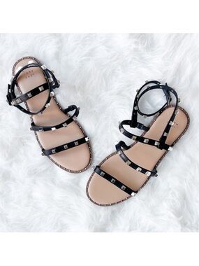 Black Studded Gladiator Sandals | Ankle Strap Flat | size 8 | NWOT